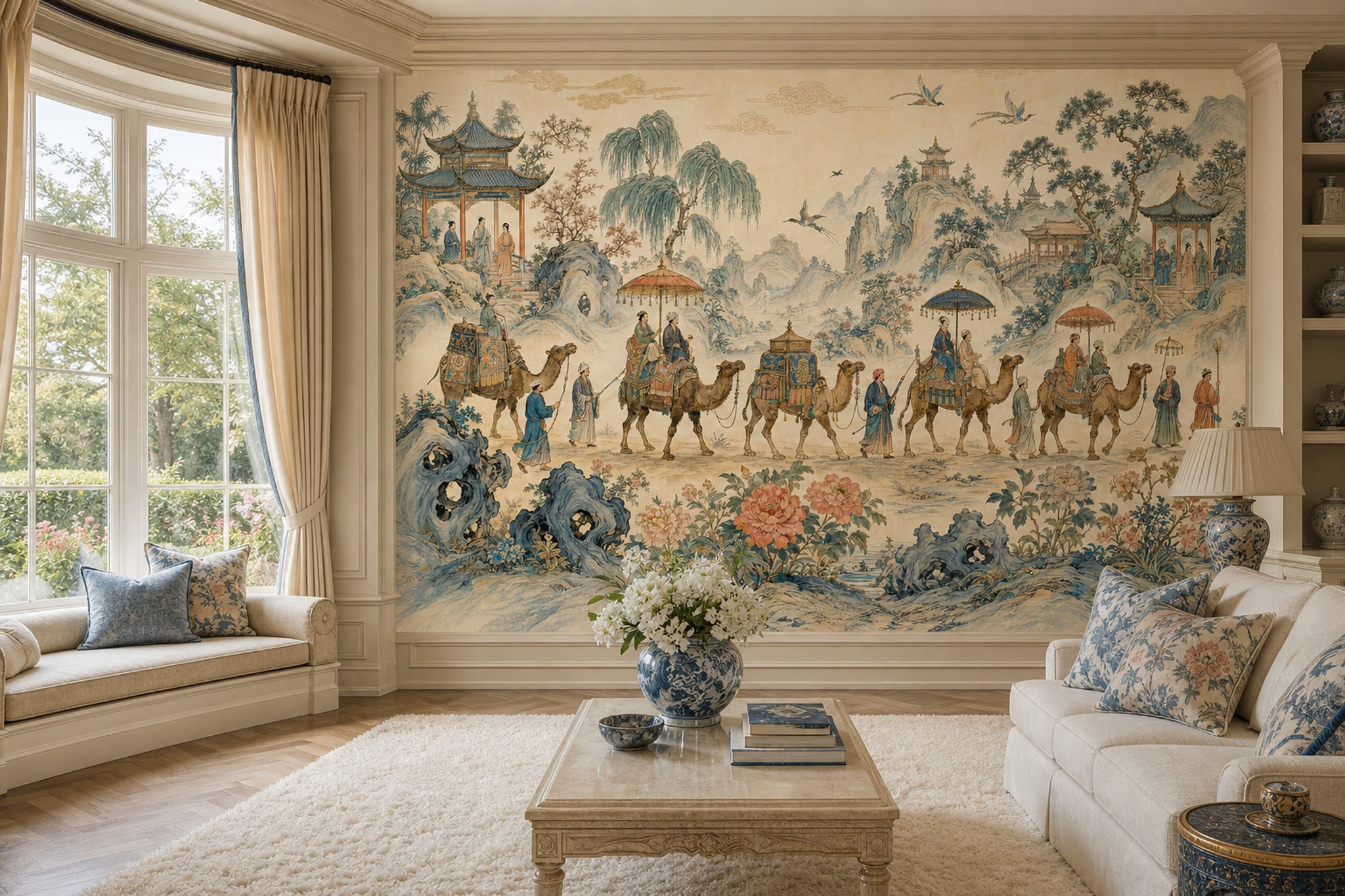 Chinese Landscape Wallpaper Camel Caravan Pavilions Wall Mural