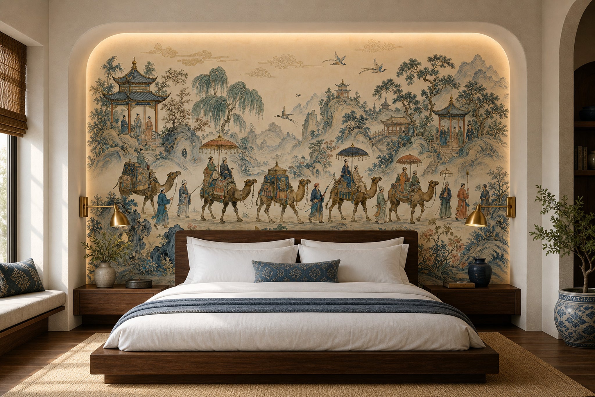 Chinese Landscape Wallpaper Camel Caravan Pavilions Wall Mural