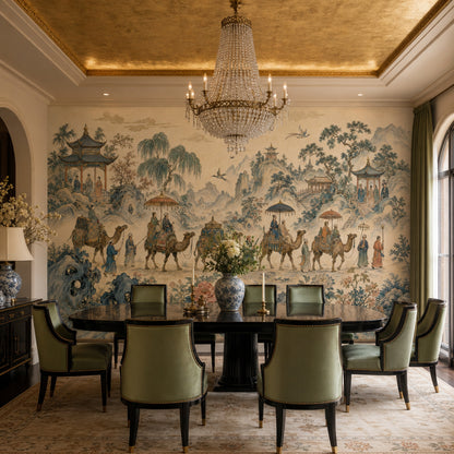 Chinese Landscape Wallpaper Camel Caravan Pavilions Wall Mural