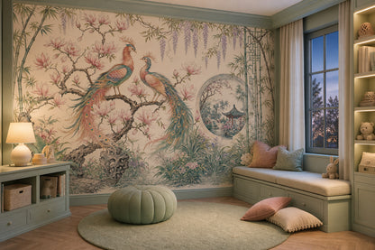 Chinoiserie Wallpaper Bird And Blossom Removable Magnolia Wall Decor