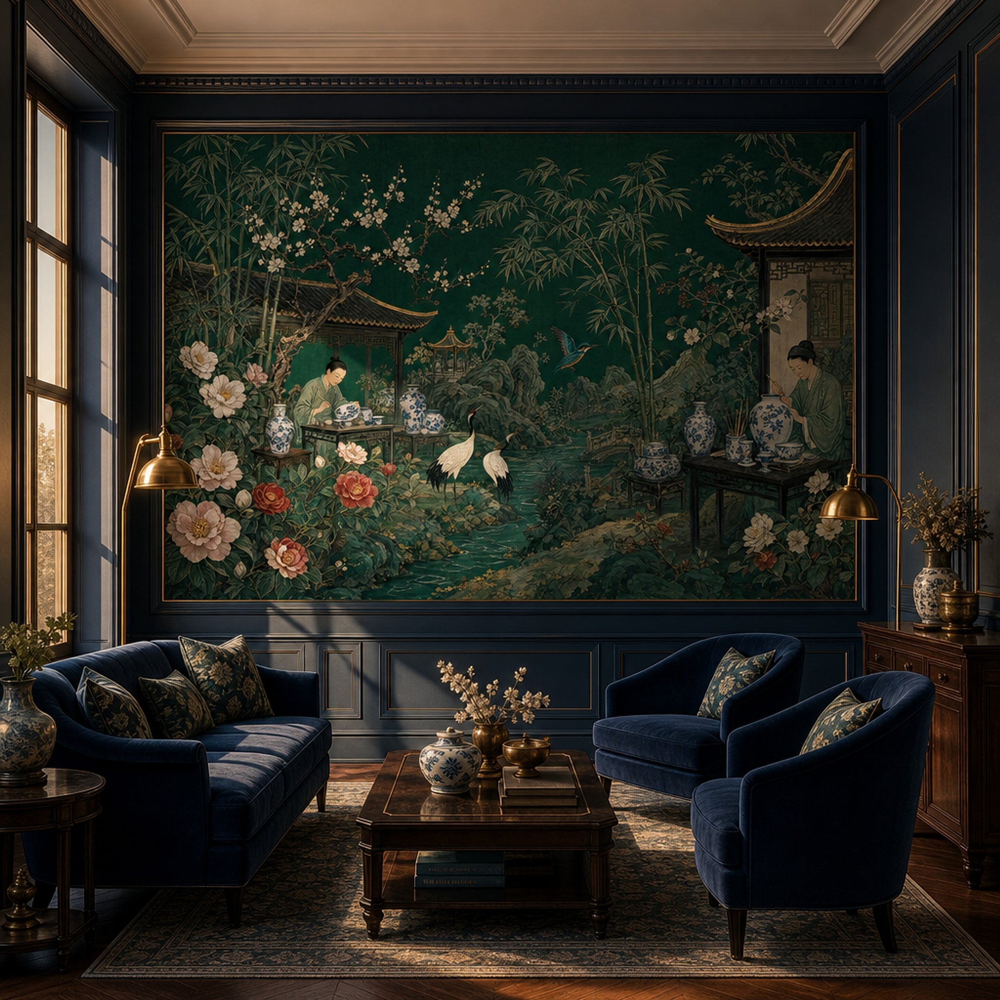 Chinese Garden Wallpaper Dark Green Landscape Mural Removable Wall Decor