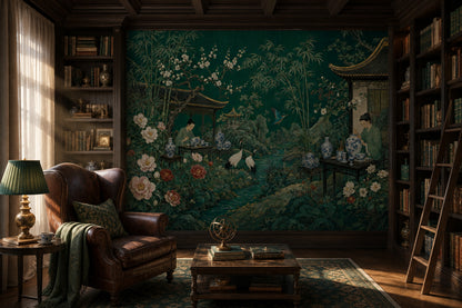 Chinese Garden Wallpaper Dark Green Landscape Mural Removable Wall Decor