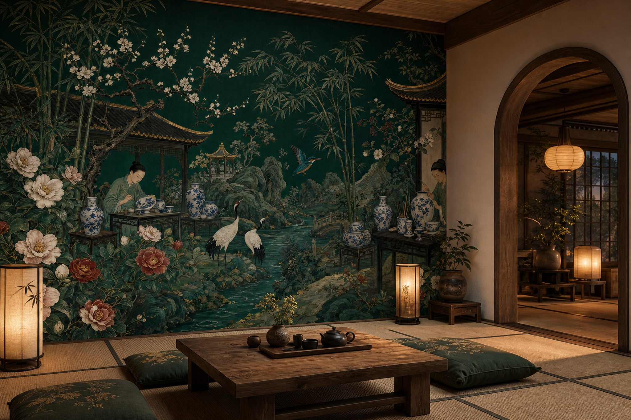 Chinese Garden Wallpaper Dark Green Landscape Mural Removable Wall Decor