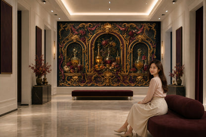 Dark Baroque Wallpaper Rococo Gold Scrollwork Ornate Arches Wall Mural