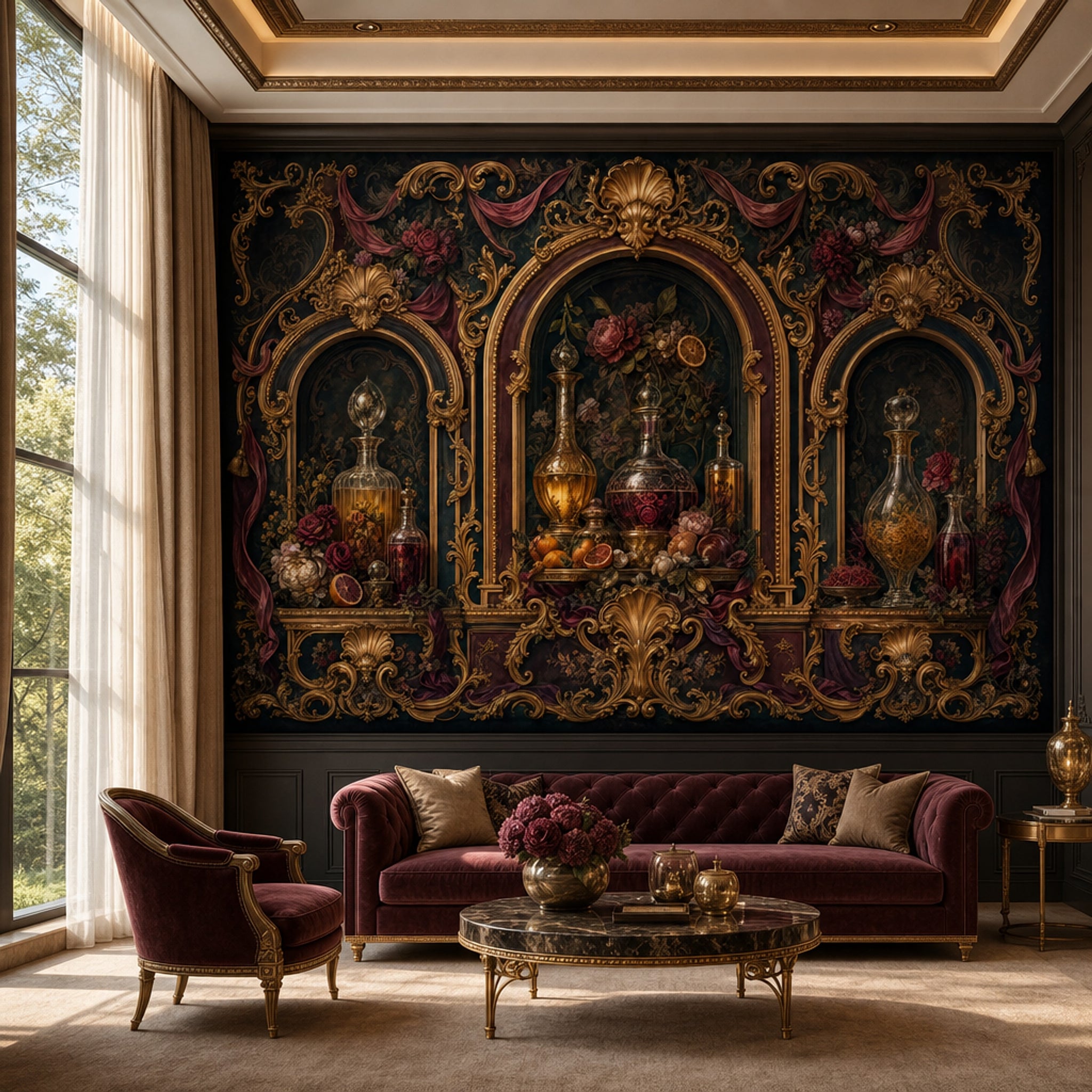 Dark Baroque Wallpaper Rococo Gold Scrollwork Ornate Arches Wall Mural