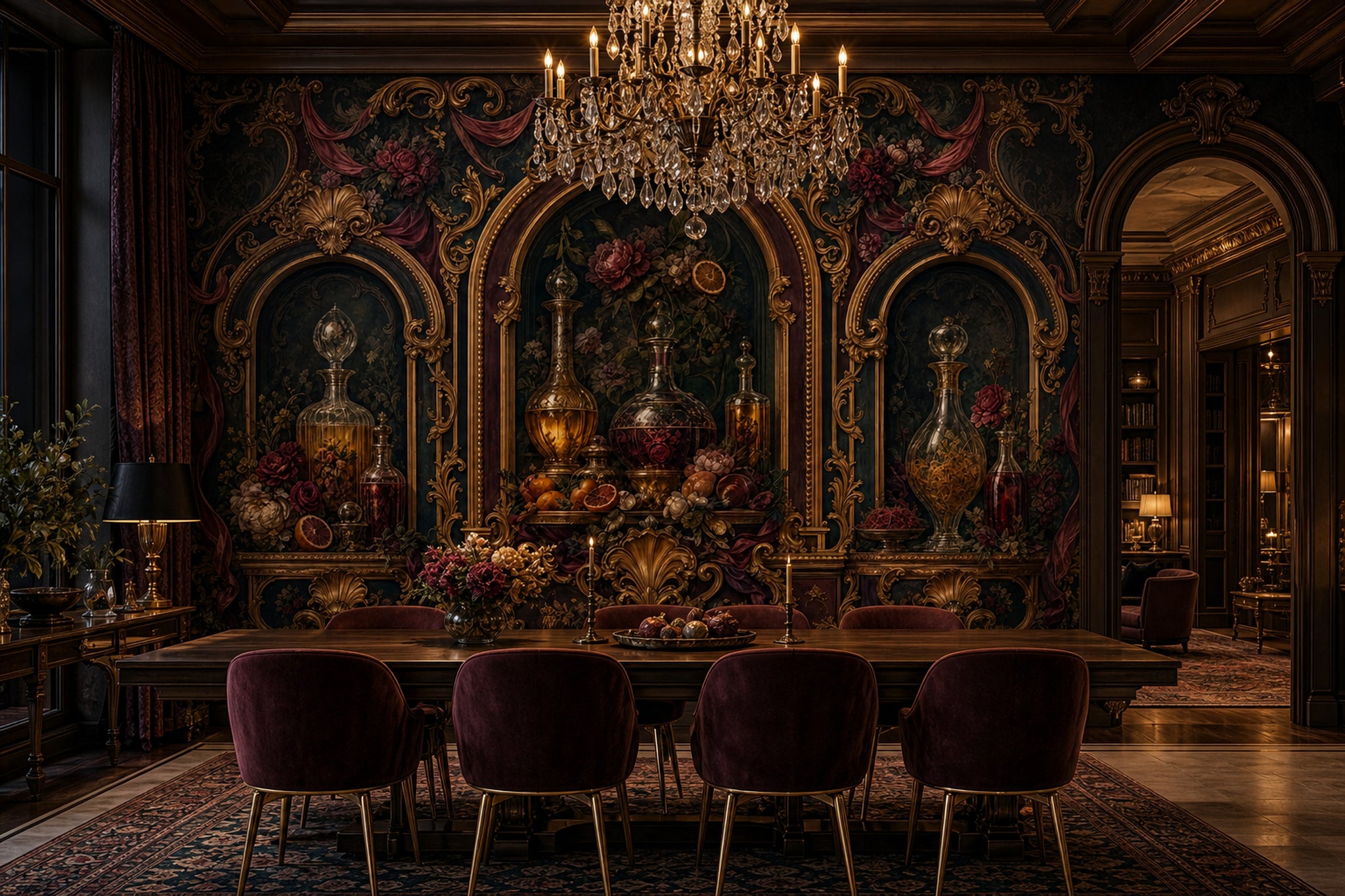 Dark Baroque Wallpaper Rococo Gold Scrollwork Ornate Arches Wall Mural
