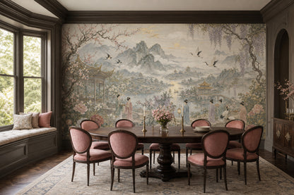 Chinese Landscape Wallpaper Pagoda Pavilion Removable Misty Mountains Wall Decor