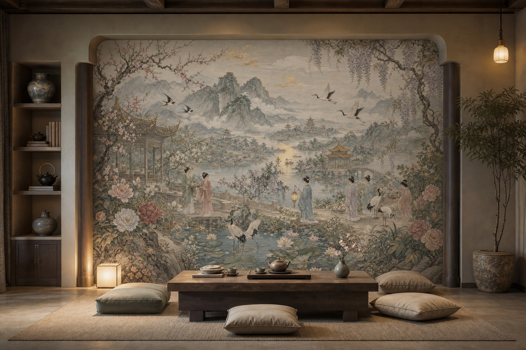 Chinese Landscape Wallpaper Pagoda Pavilion Removable Misty Mountains Wall Decor