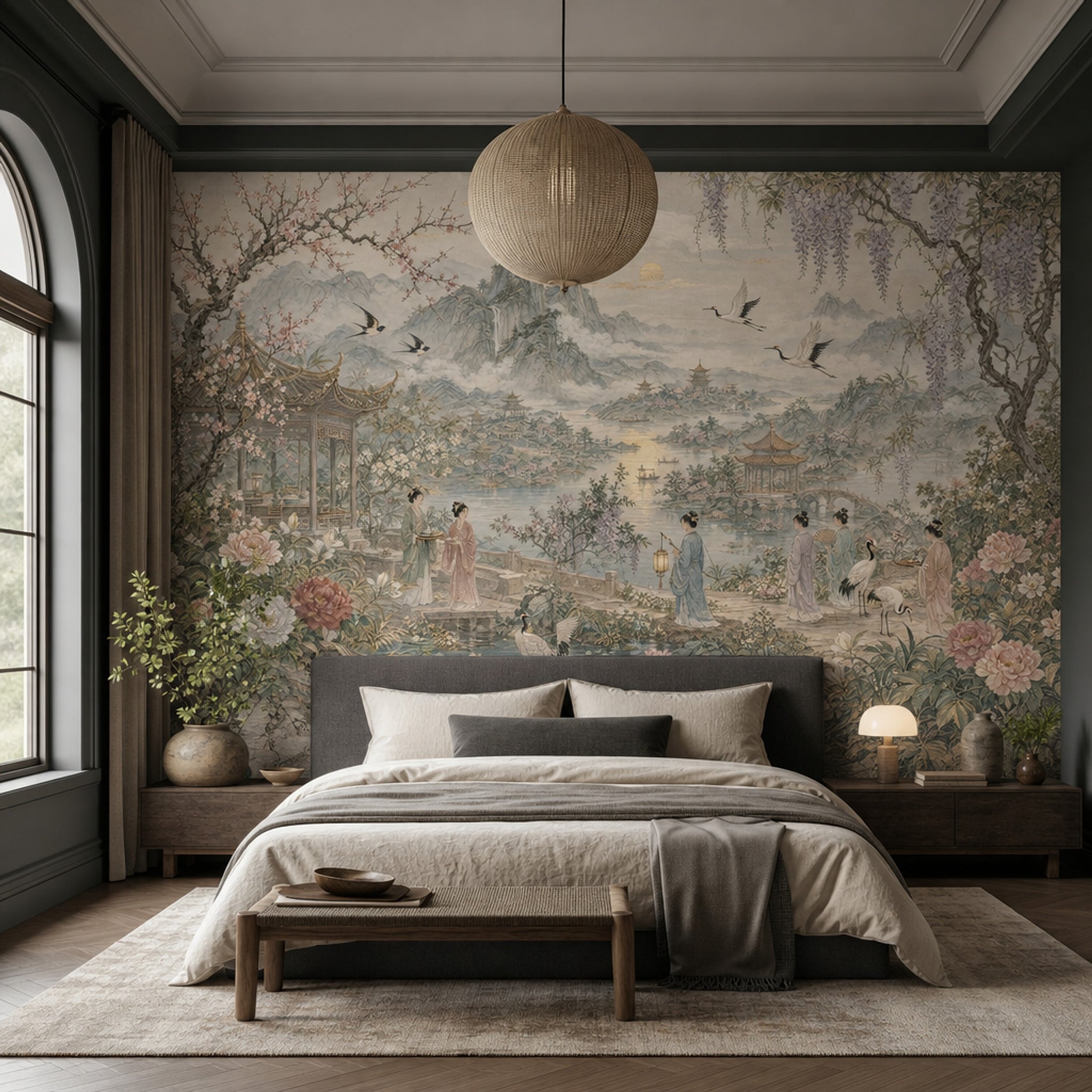 Chinese Landscape Wallpaper Pagoda Pavilion Removable Misty Mountains Wall Decor