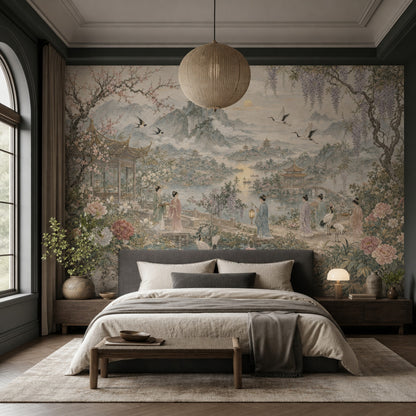 Chinese Landscape Wallpaper Pagoda Pavilion Removable Misty Mountains Wall Decor