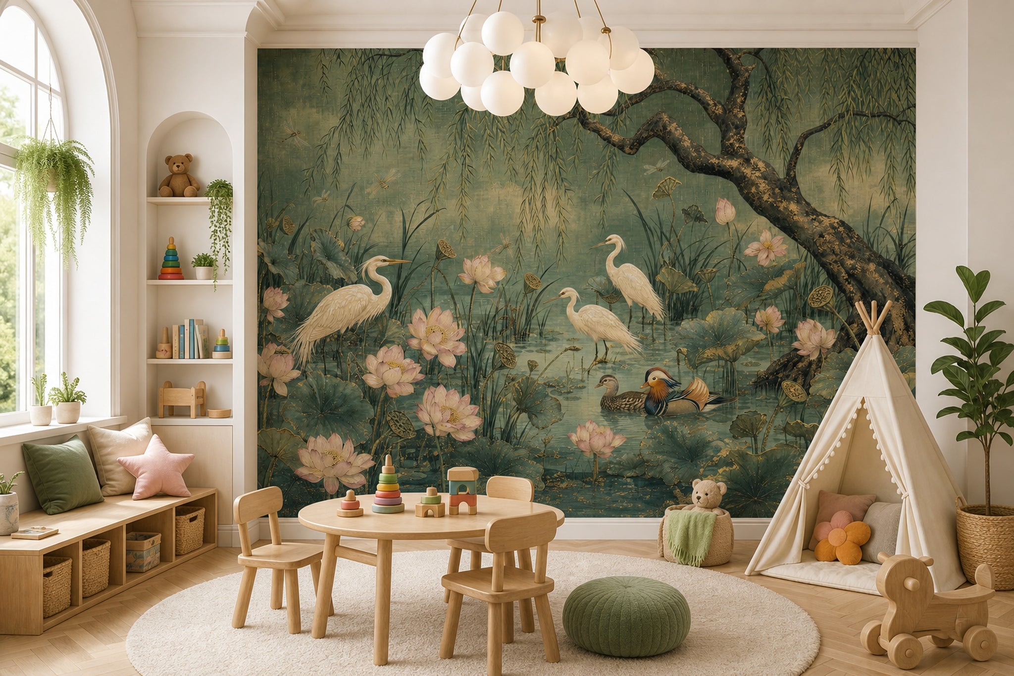 Lotus Pond Wallpaper Willow Tree Egrets Removable Wall Decor