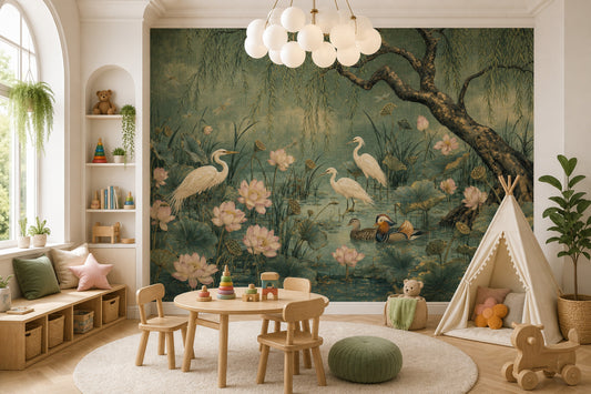 Lotus Pond Wallpaper Willow Tree Egrets Removable Wall Decor