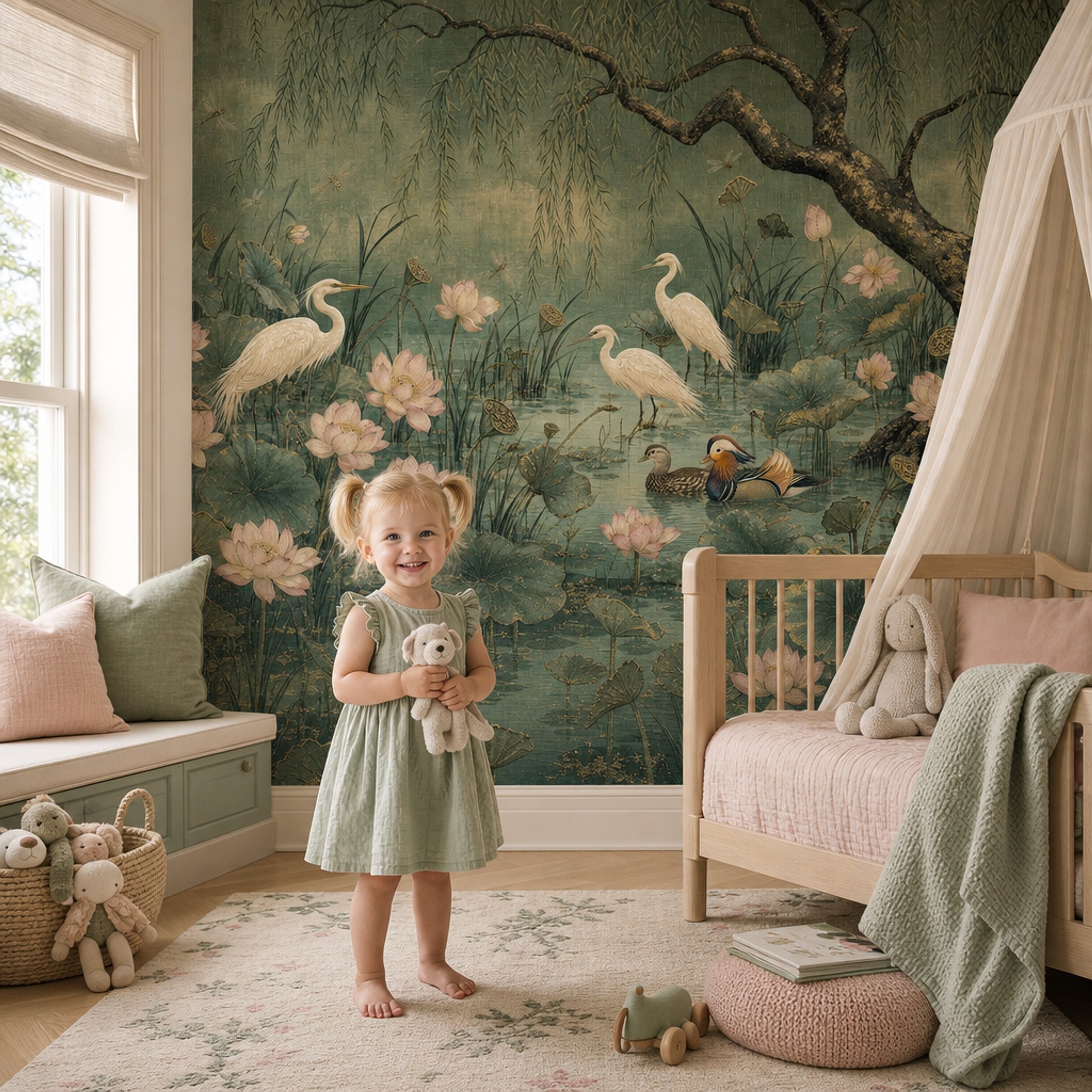 Lotus Pond Wallpaper Willow Tree Egrets Removable Wall Decor