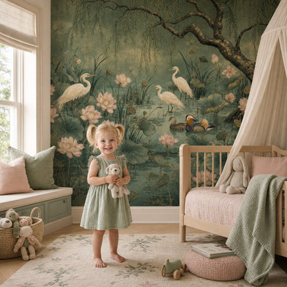 Lotus Pond Wallpaper Willow Tree Egrets Removable Wall Decor
