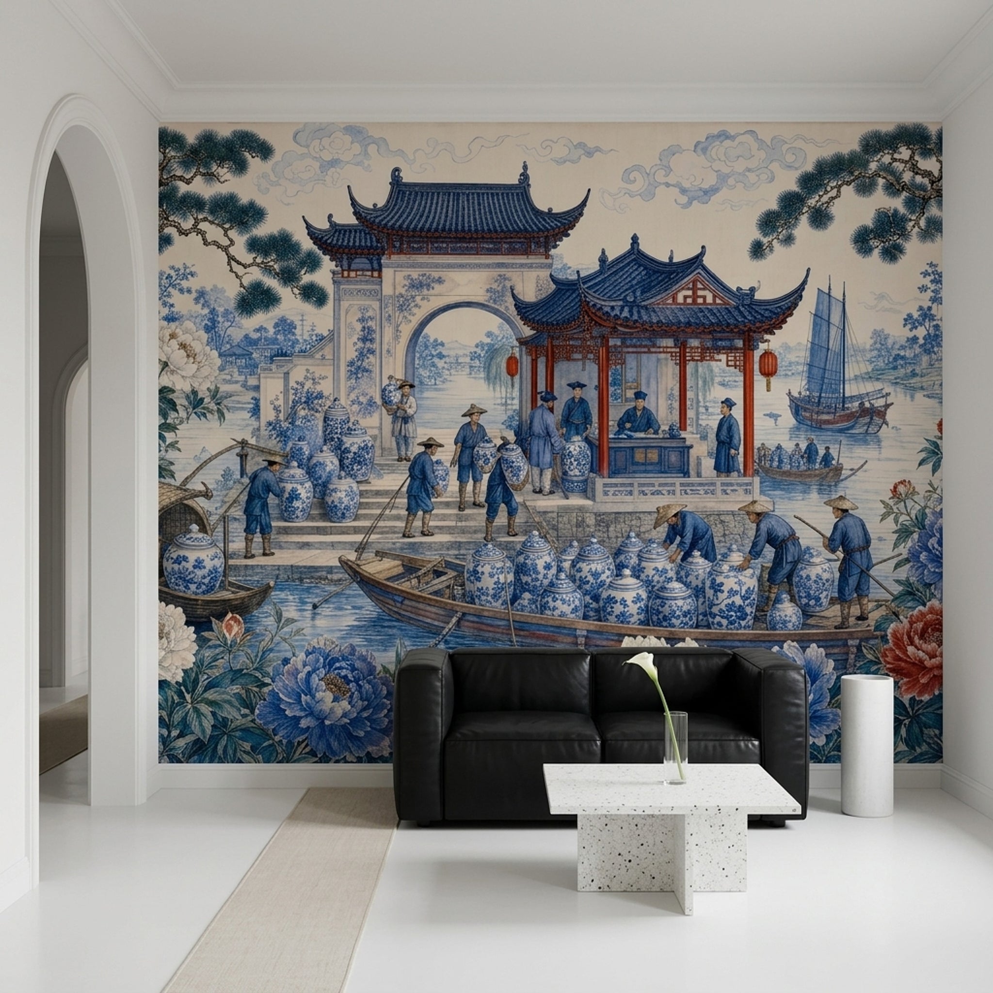 Chinoiserie Wallpaper Blue And White Porcelain Chinese Pavilion Wall Mural