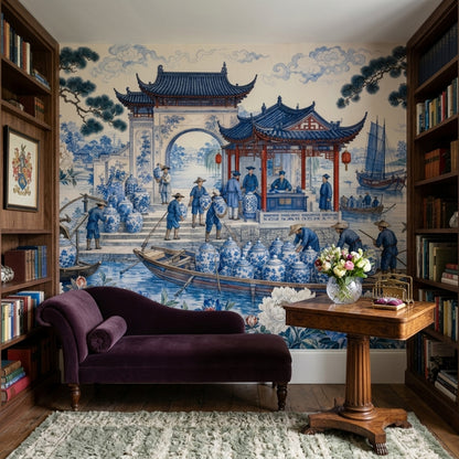 Chinoiserie Wallpaper Blue And White Porcelain Chinese Pavilion Wall Mural