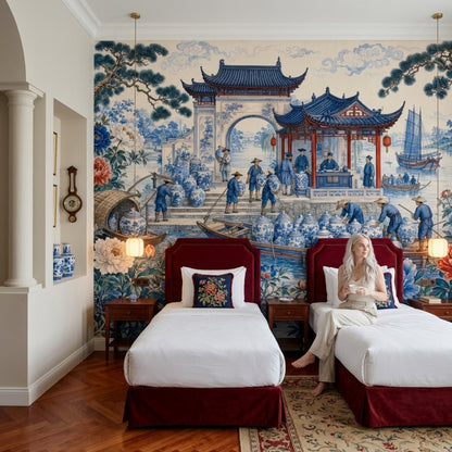Chinoiserie Wallpaper Blue And White Porcelain Chinese Pavilion Wall Mural