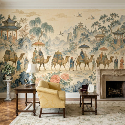 Chinese Landscape Wallpaper Camel Caravan Pavilions Wall Mural