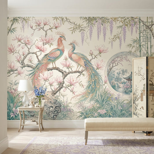 Chinoiserie Wallpaper Bird And Blossom Removable Magnolia Wall Decor