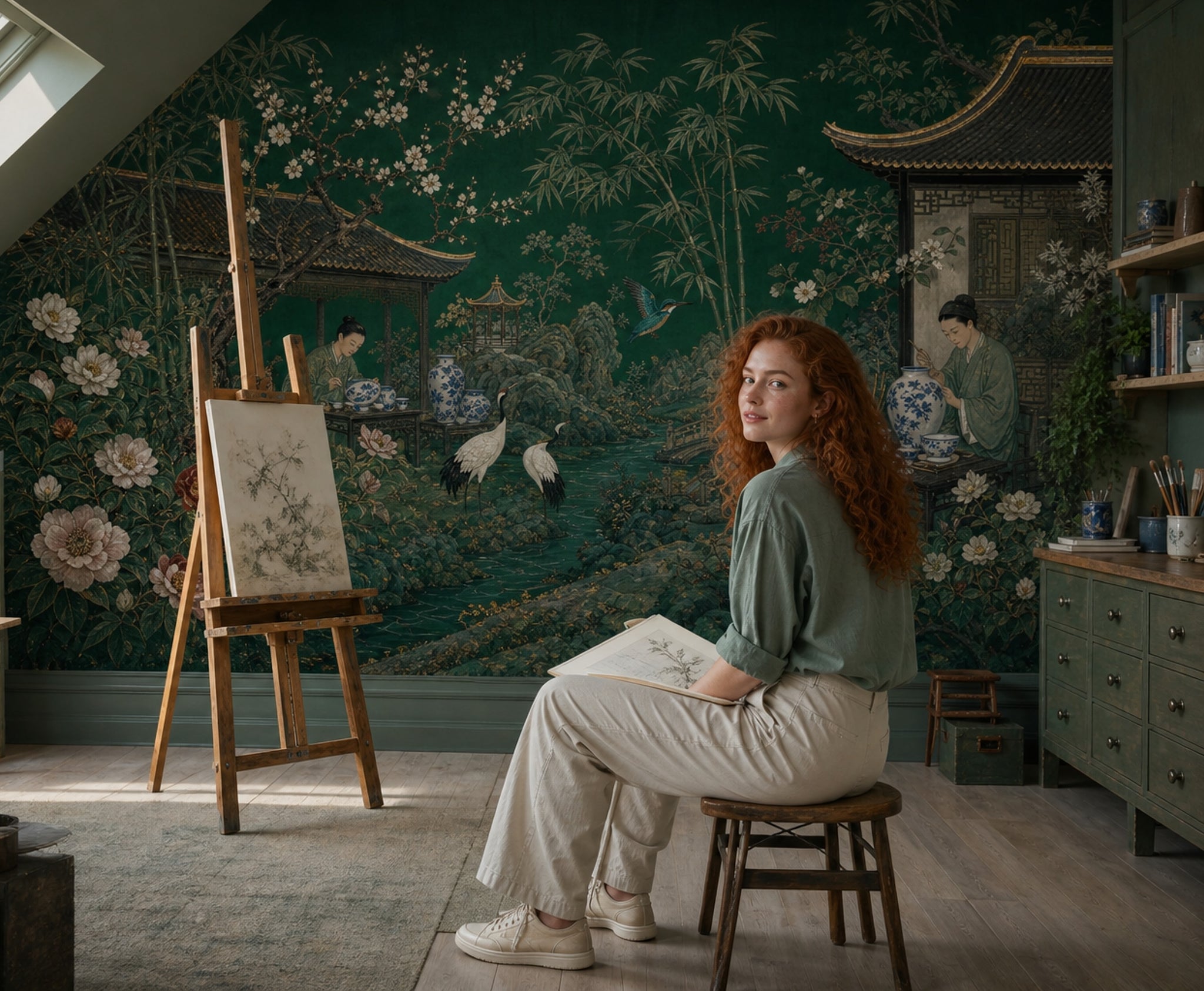 Chinese Garden Wallpaper Dark Green Landscape Mural Removable Wall Decor
