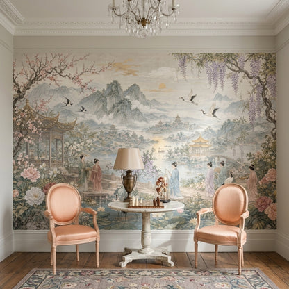 Chinese Landscape Wallpaper Pagoda Pavilion Removable Misty Mountains Wall Decor