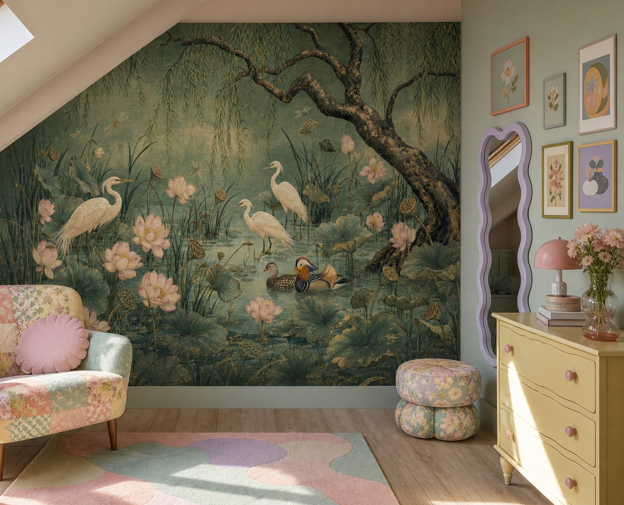 Lotus Pond Wallpaper Willow Tree Egrets Removable Wall Decor