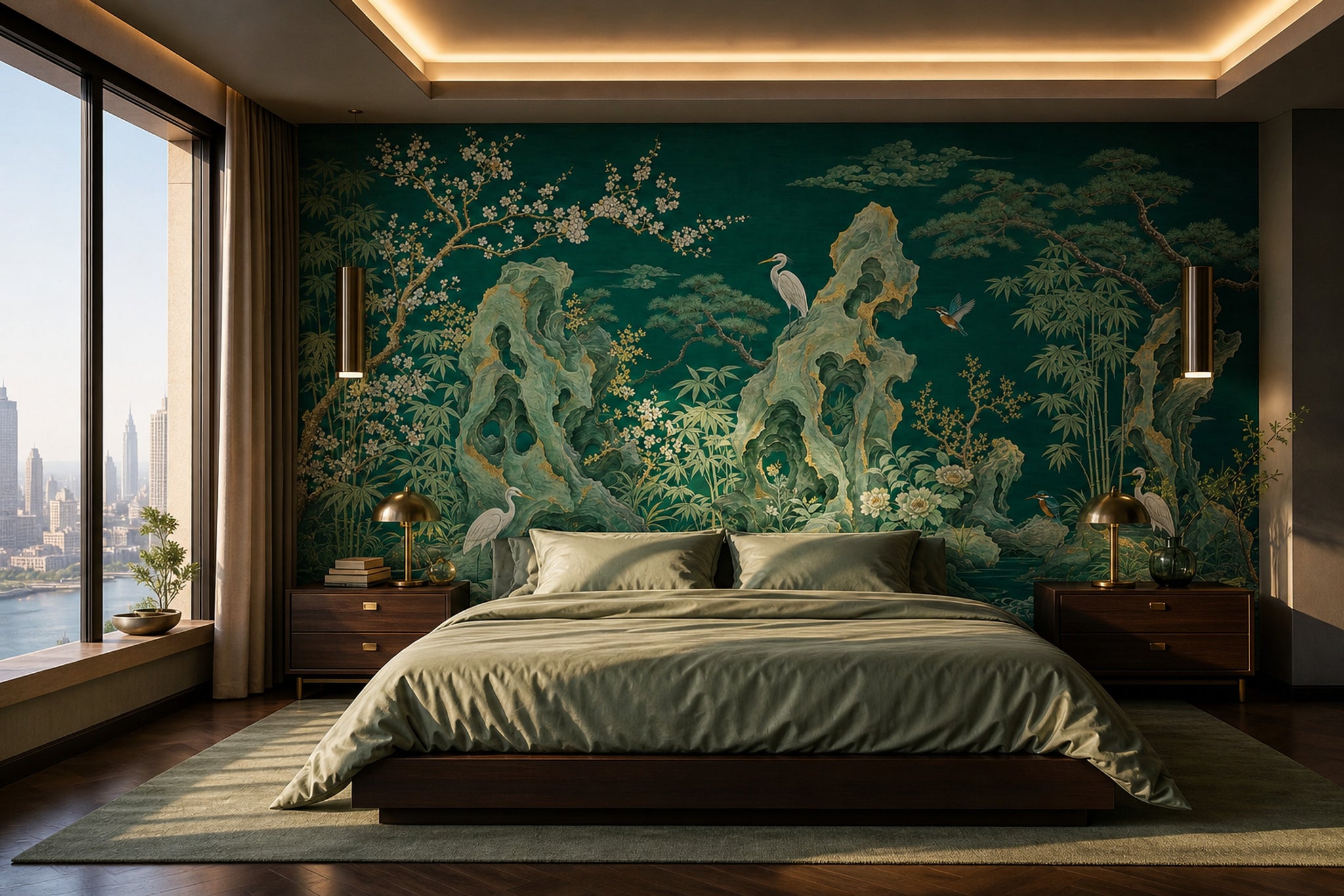 Dark Teal Green Wallpaper East Asian Landscape Removable Gold Accents Wall Decor