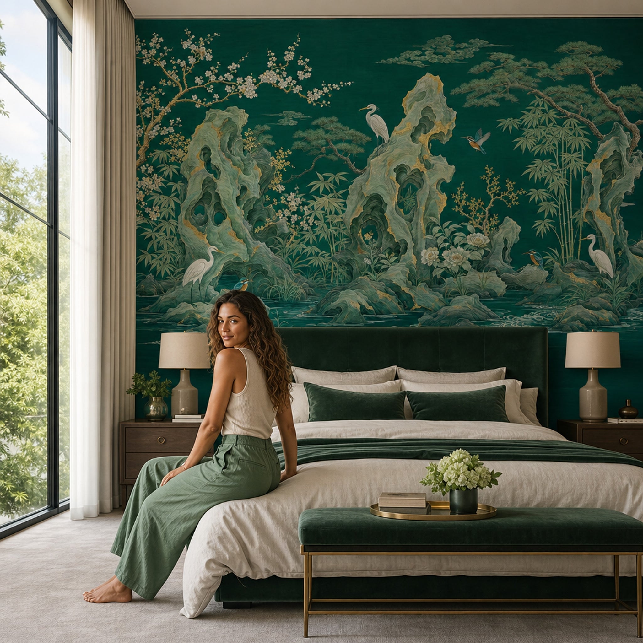 Dark Teal Green Wallpaper East Asian Landscape Removable Gold Accents Wall Decor