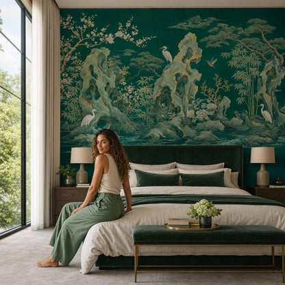Dark Teal Green Wallpaper East Asian Landscape Removable Gold Accents Wall Decor