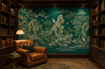 Dark Teal Green Wallpaper East Asian Landscape Removable Gold Accents Wall Decor