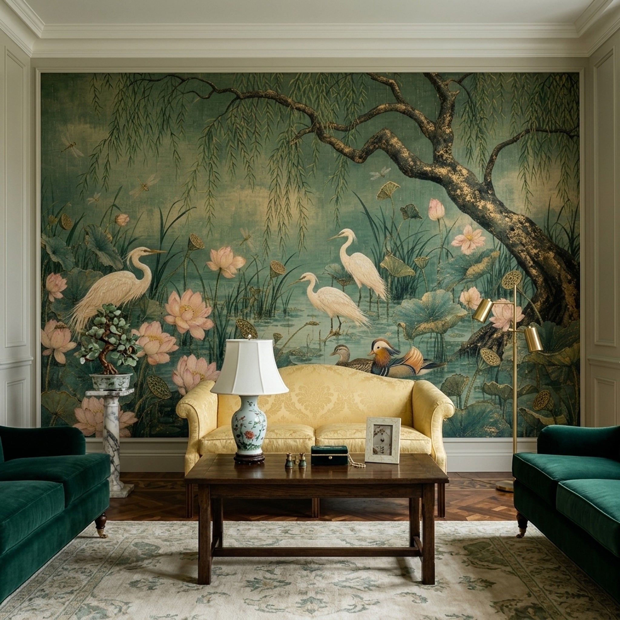 Lotus Pond Wallpaper Willow Tree Egrets Removable Wall Decor