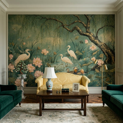 Lotus Pond Wallpaper Willow Tree Egrets Removable Wall Decor