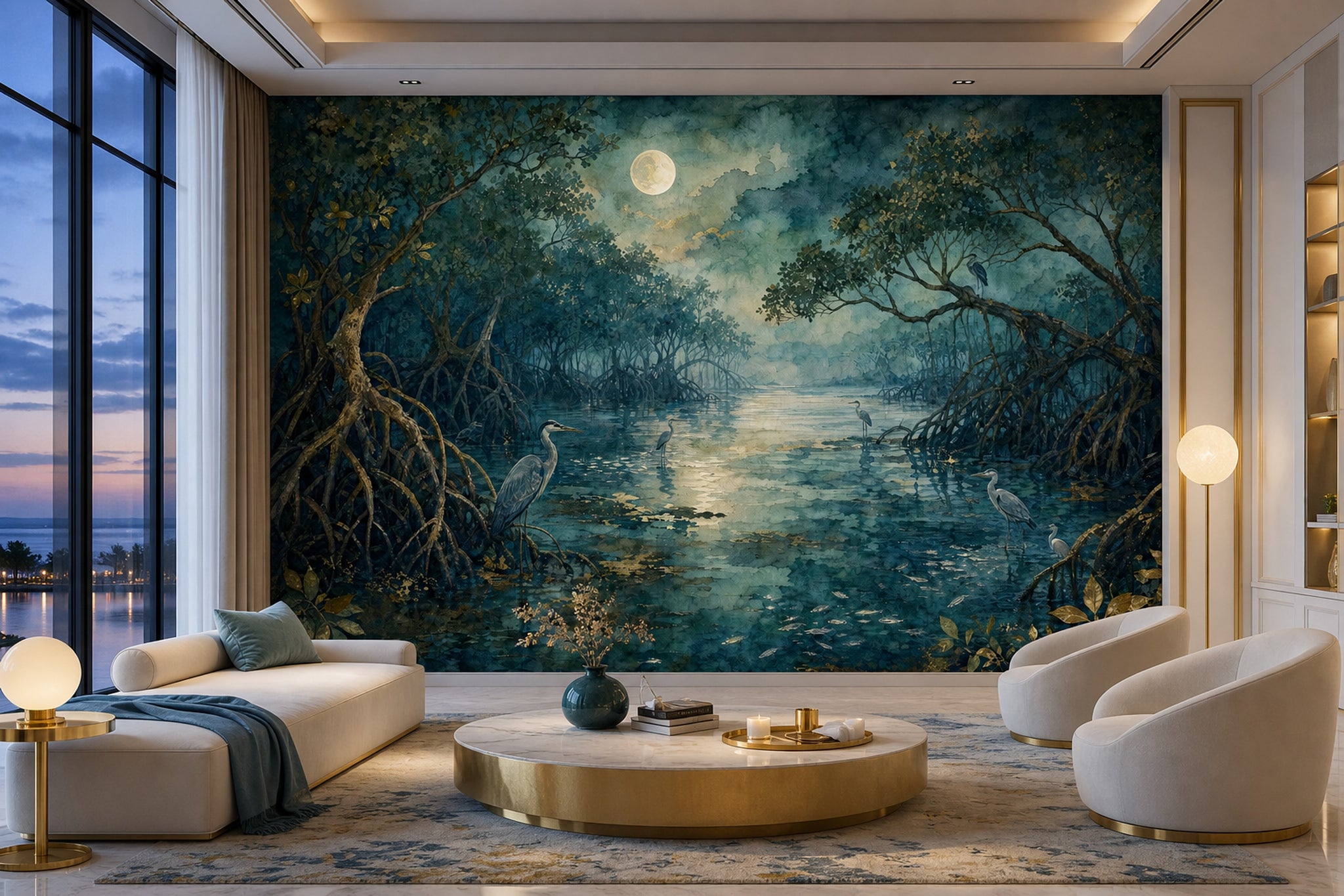 Moonlit Mangrove Wallpaper Dark Misty Night Wall Mural