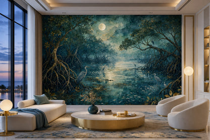 Moonlit Mangrove Wallpaper Dark Misty Night Wall Mural