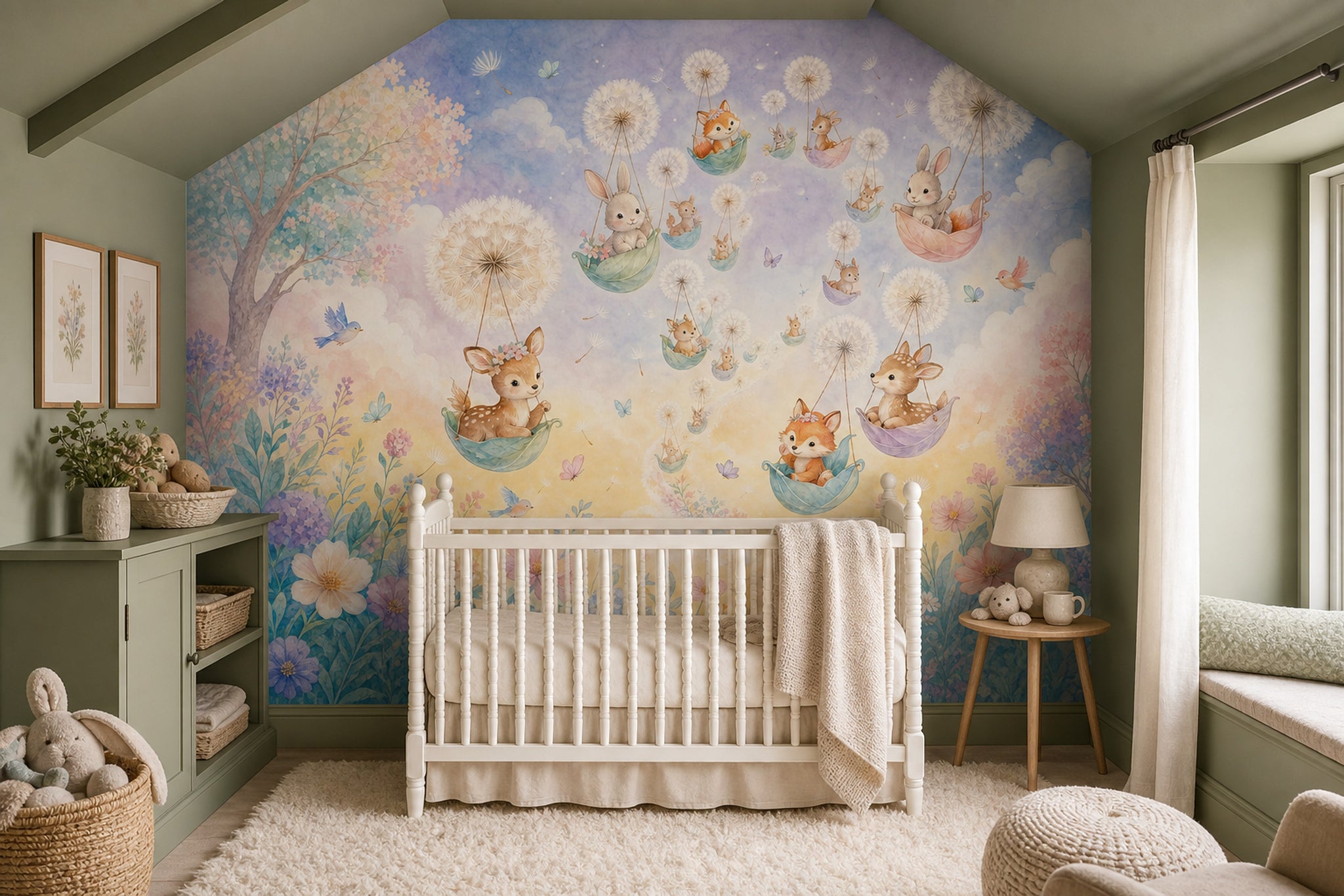 Whimsical Nursery Wallpaper Woodland Animals Removable Dandelion Puff Wall Decor