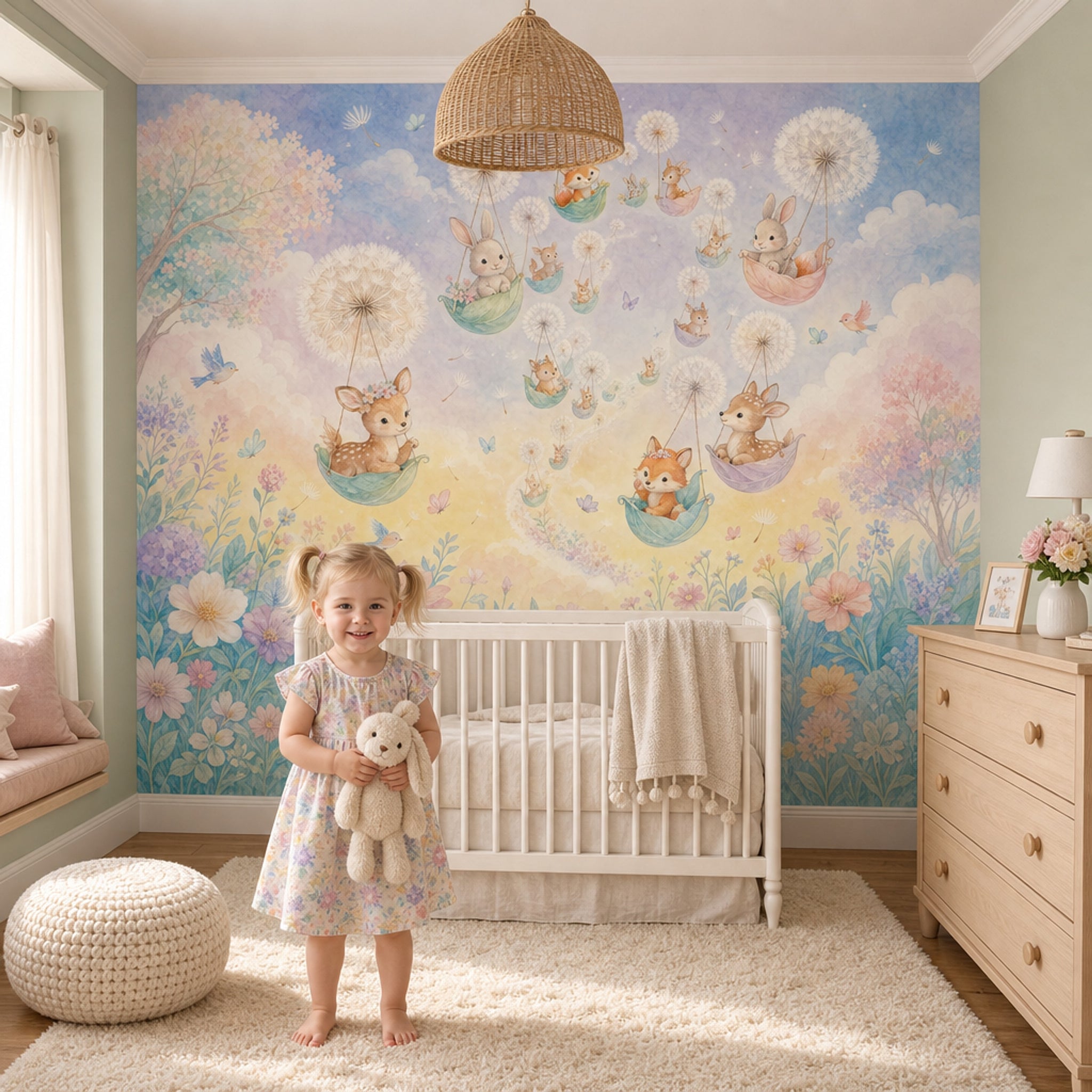 Whimsical Nursery Wallpaper Woodland Animals Removable Dandelion Puff Wall Decor