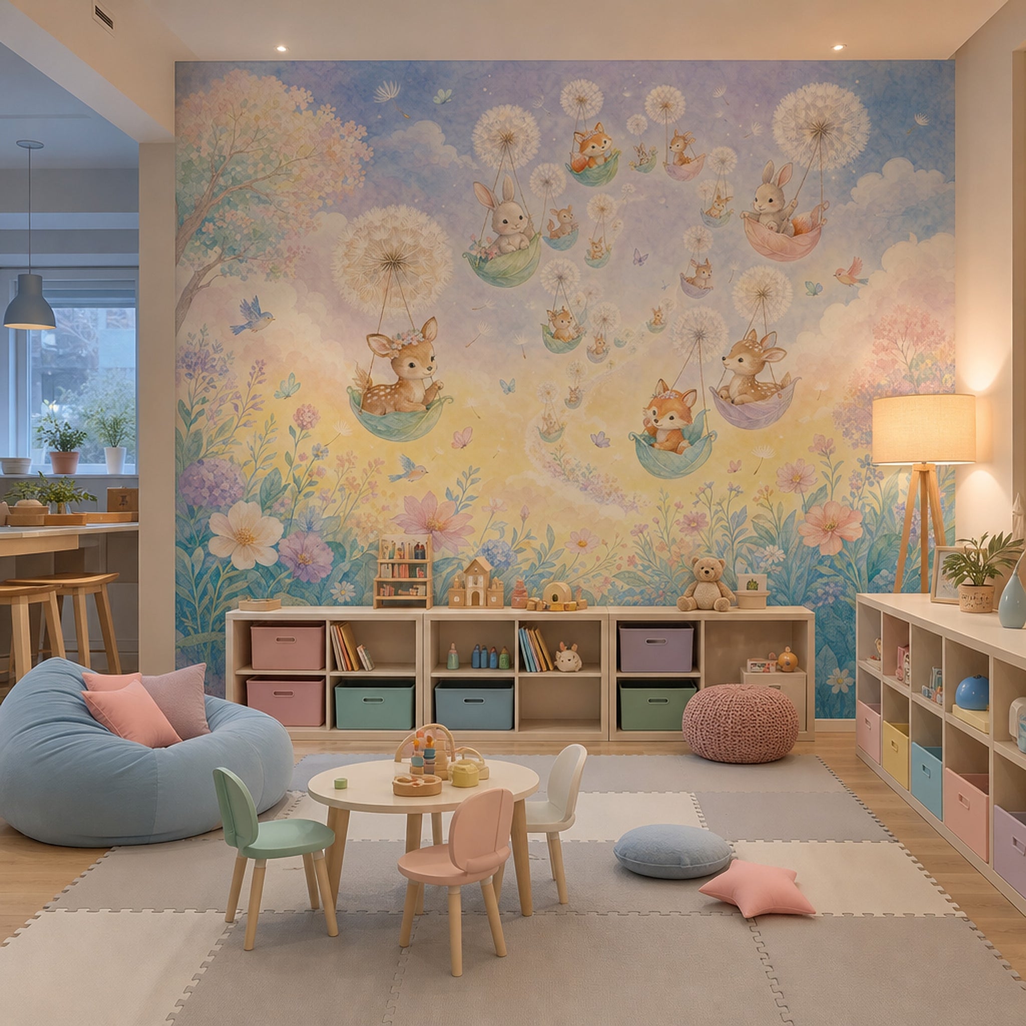 Whimsical Nursery Wallpaper Woodland Animals Removable Dandelion Puff Wall Decor