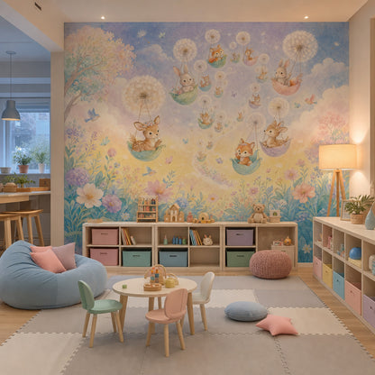 Whimsical Nursery Wallpaper Woodland Animals Removable Dandelion Puff Wall Decor