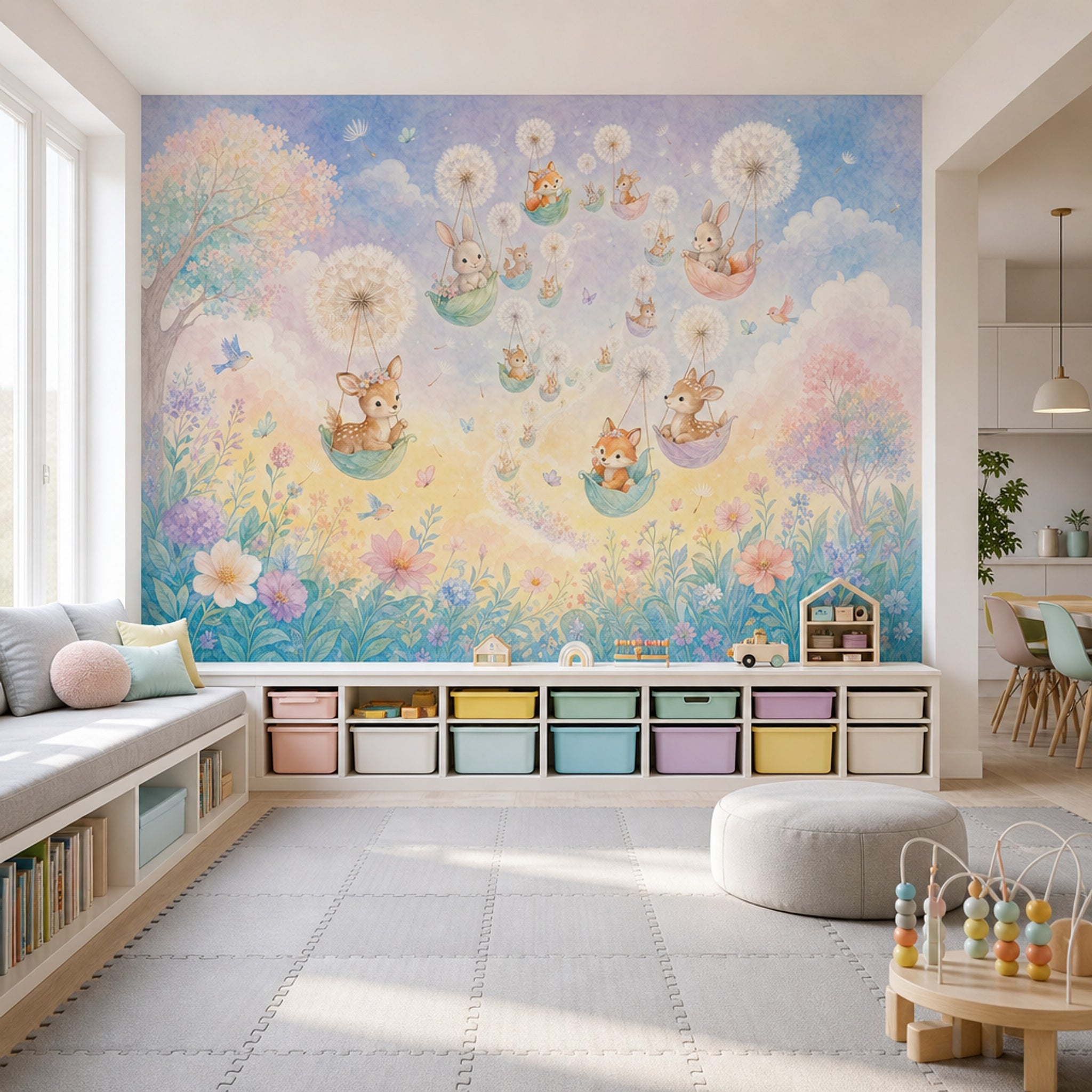Whimsical Nursery Wallpaper Woodland Animals Removable Dandelion Puff Wall Decor
