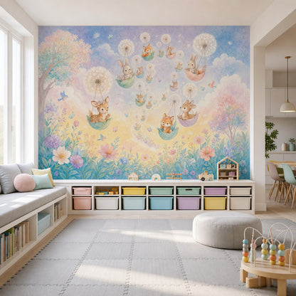 Whimsical Nursery Wallpaper Woodland Animals Removable Dandelion Puff Wall Decor