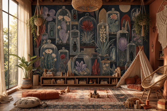 Cabinet Of Curiosities Wallpaper Glass Cloches Botanical Specimens Removable Wall Decor