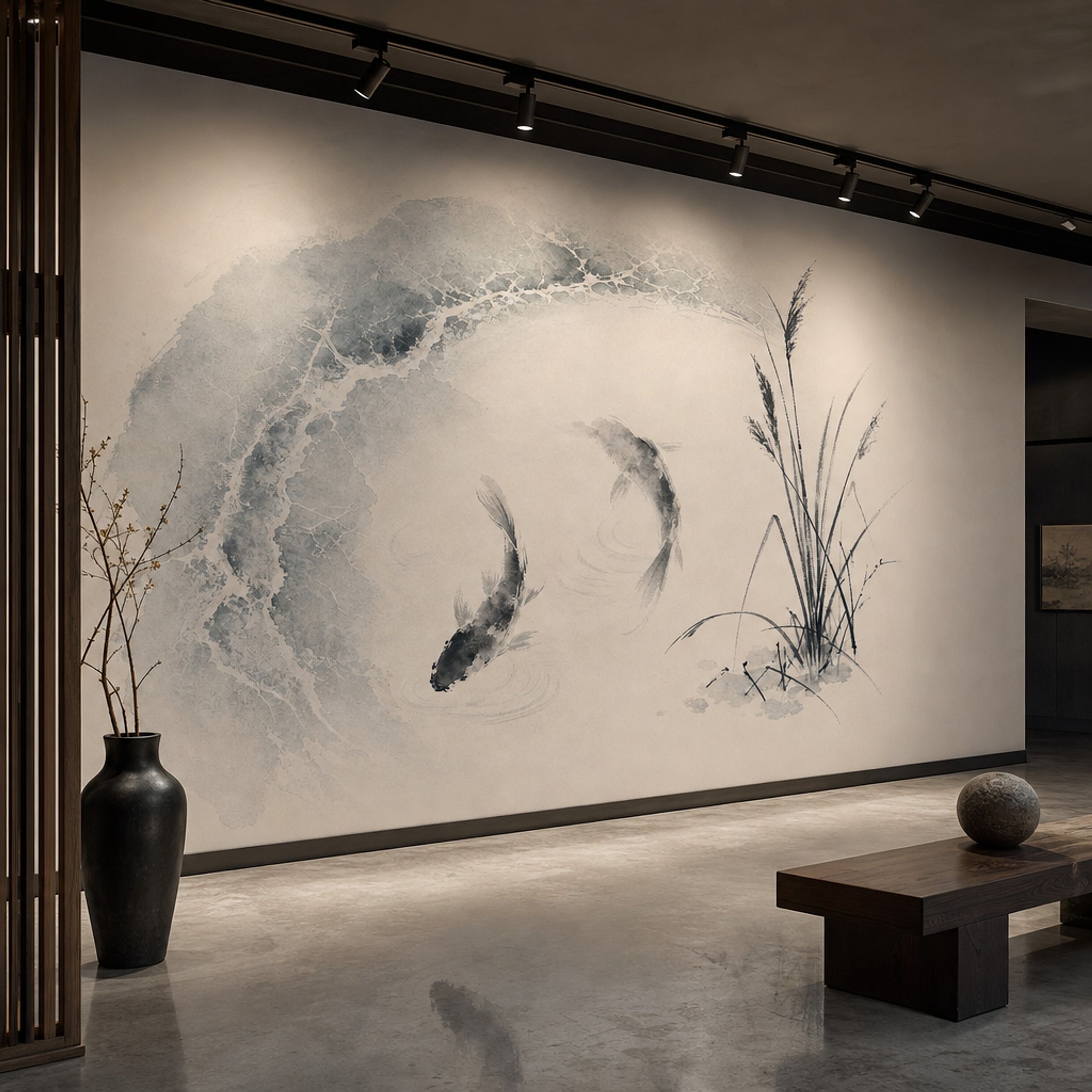 Koi Fish Wallpaper Ink Wash Minimalist Wall Mural