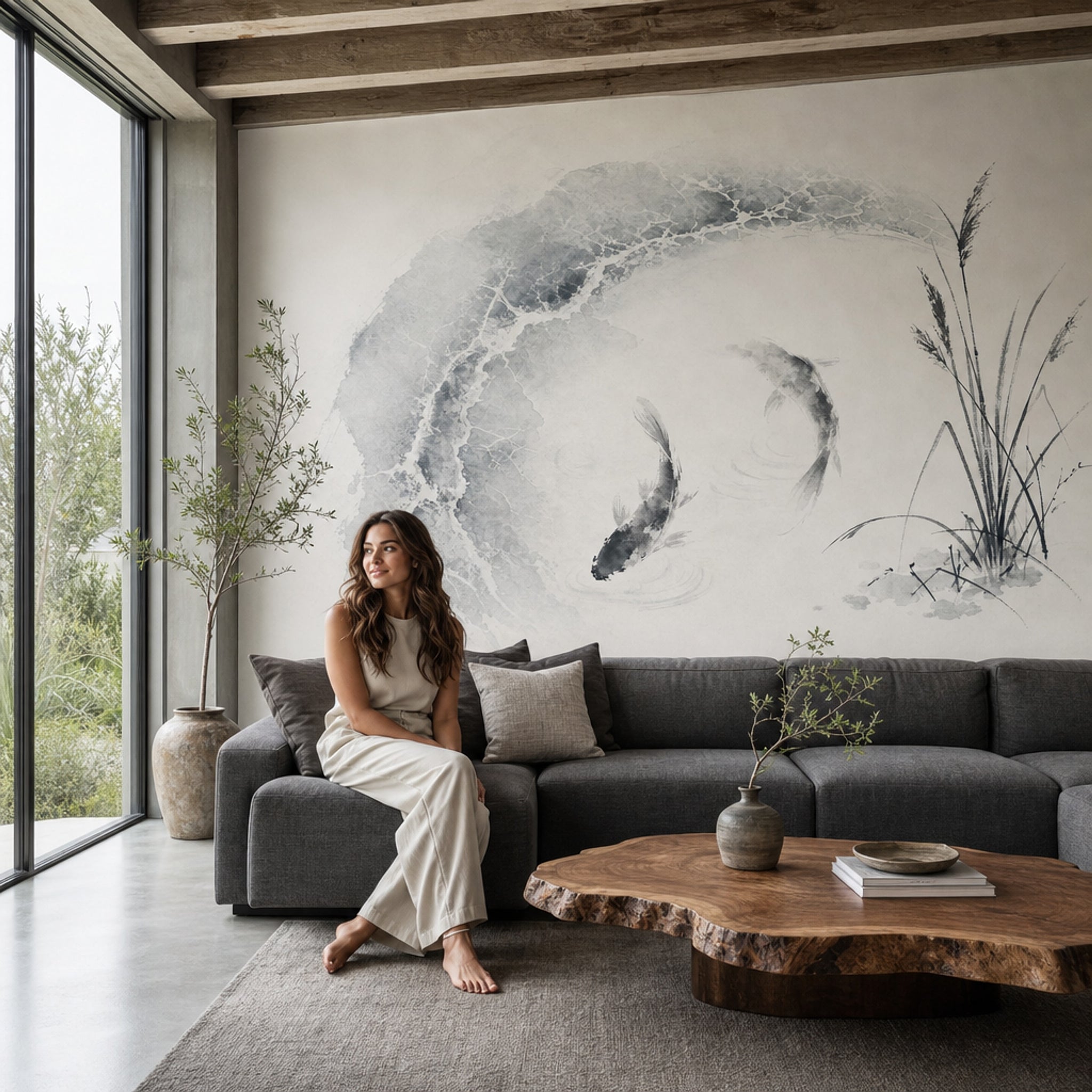Koi Fish Wallpaper Ink Wash Minimalist Wall Mural