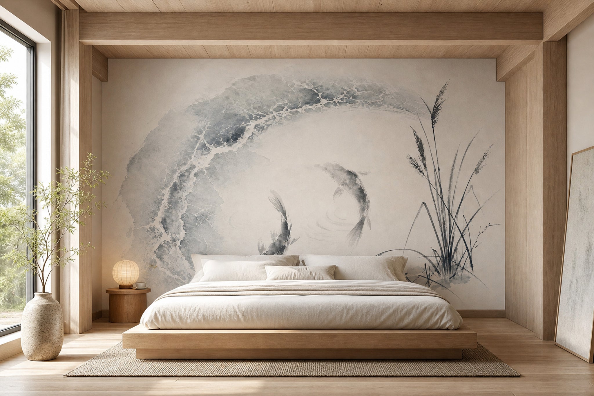 Koi Fish Wallpaper Ink Wash Minimalist Wall Mural