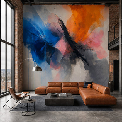 Blue And Orange Wallpaper Ink Brushstroke Mixed Media Texture Removable Wall Decor
