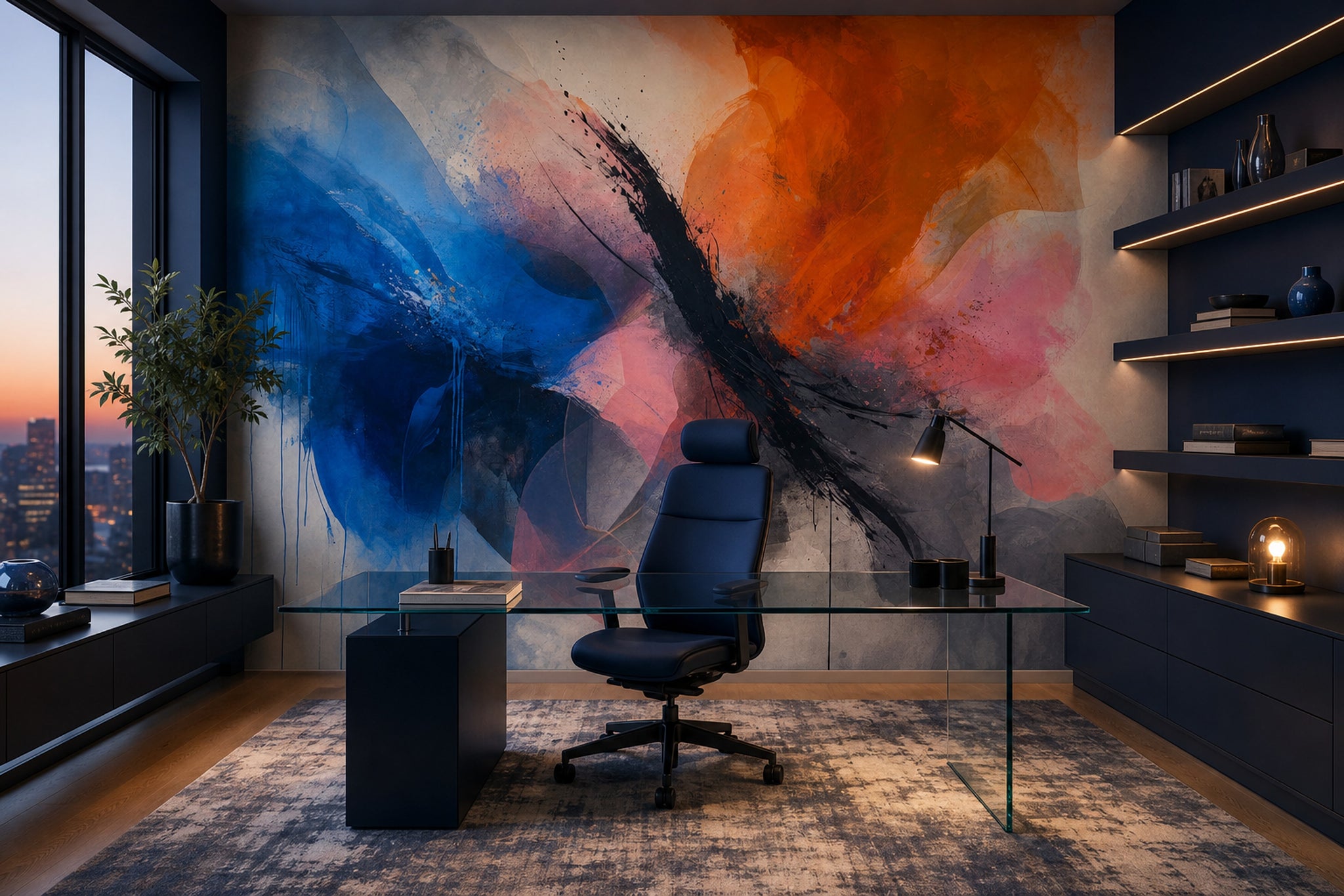 Blue And Orange Wallpaper Ink Brushstroke Mixed Media Texture Removable Wall Decor