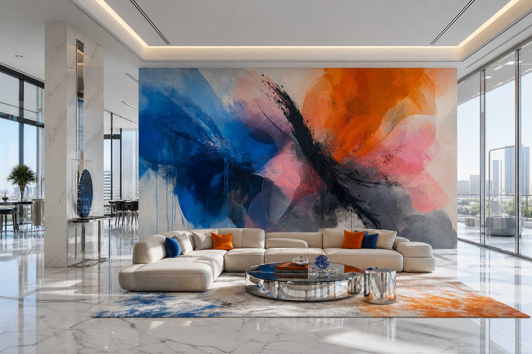 Blue And Orange Wallpaper Ink Brushstroke Mixed Media Texture Removable Wall Decor