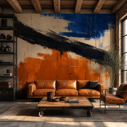 Diagonal Black Brushstroke Wallpaper Blue And Orange Color Block Wall Mural