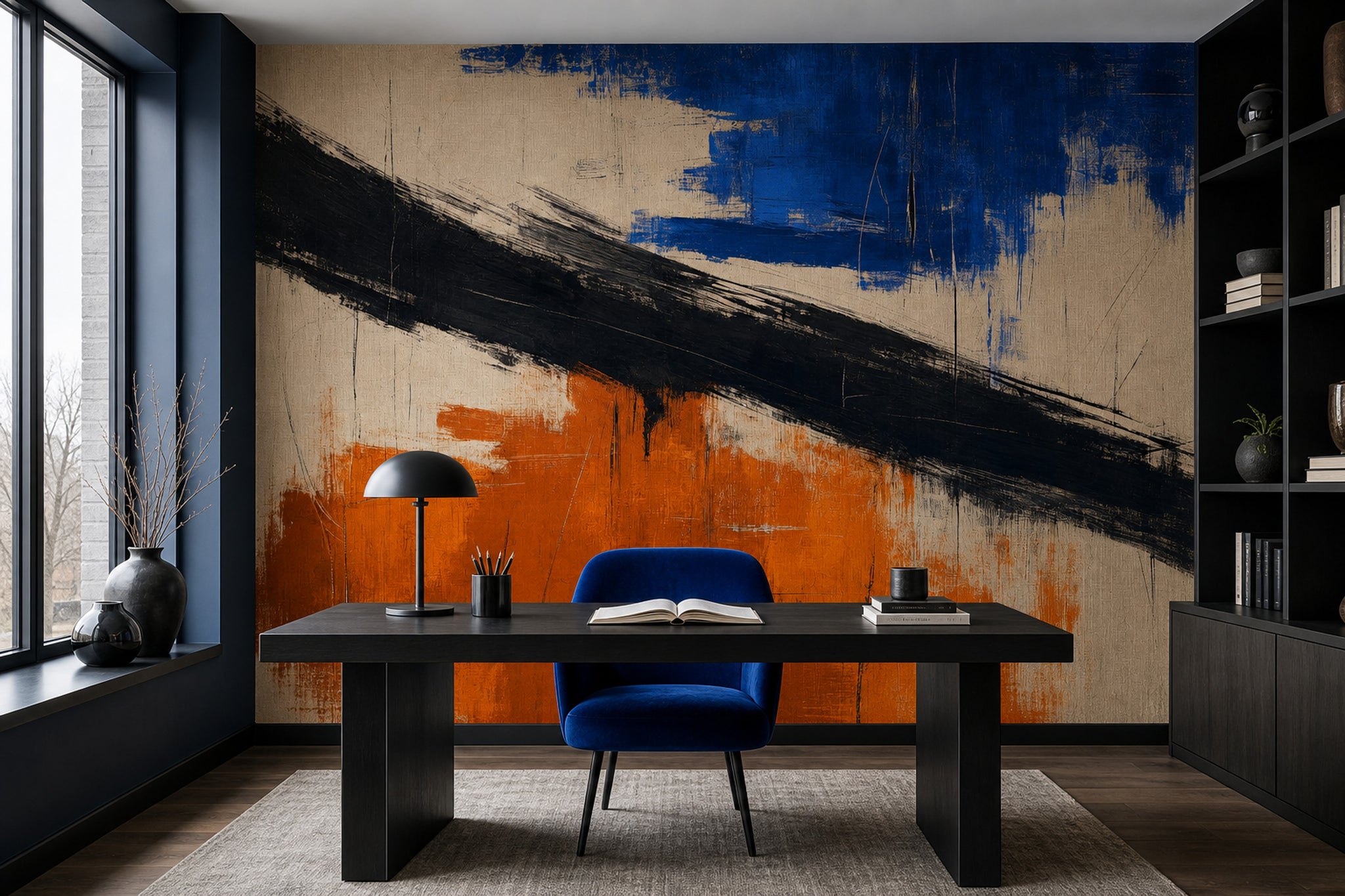 Diagonal Black Brushstroke Wallpaper Blue And Orange Color Block Wall Mural