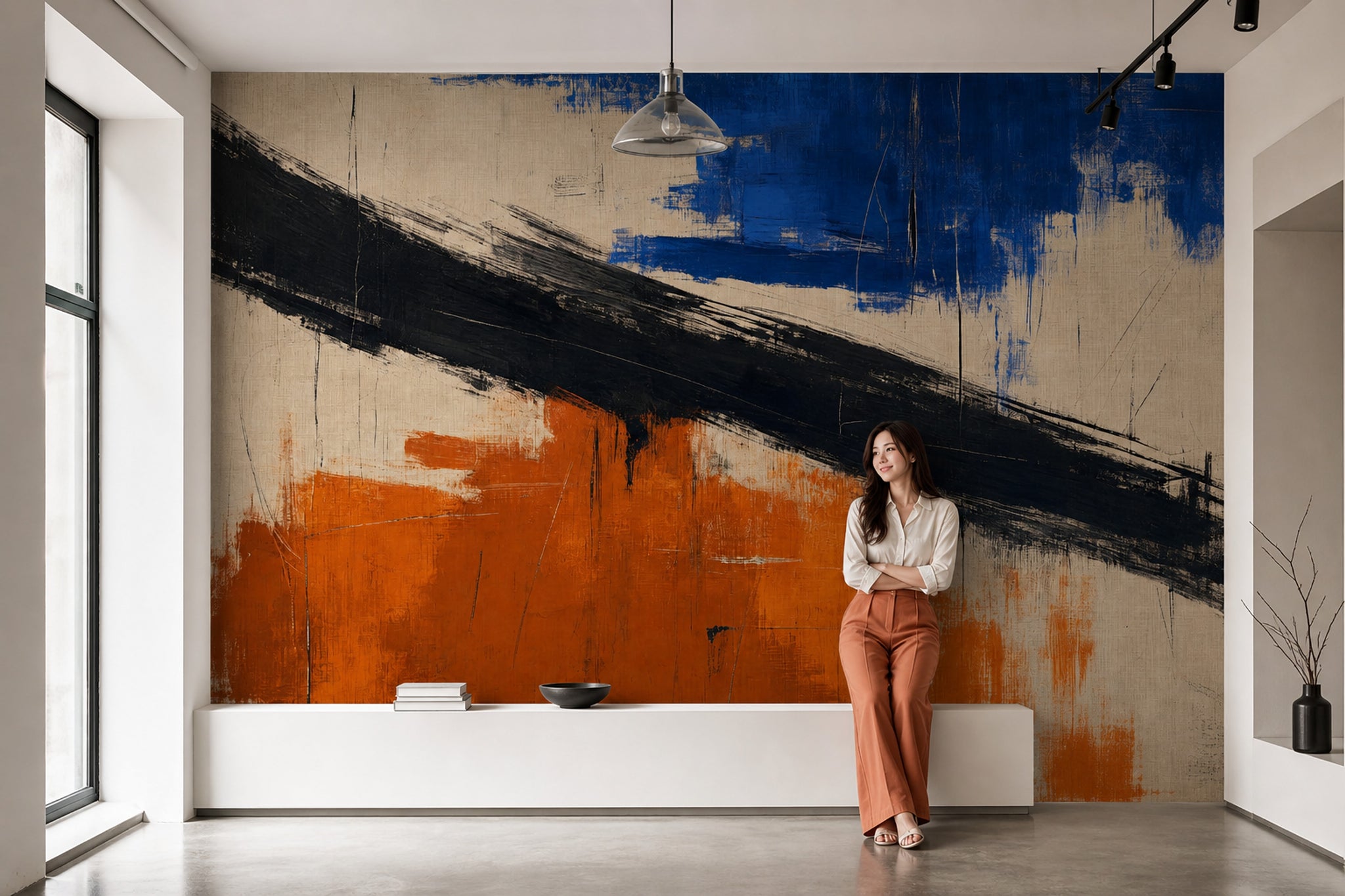 Diagonal Black Brushstroke Wallpaper Blue And Orange Color Block Wall Mural